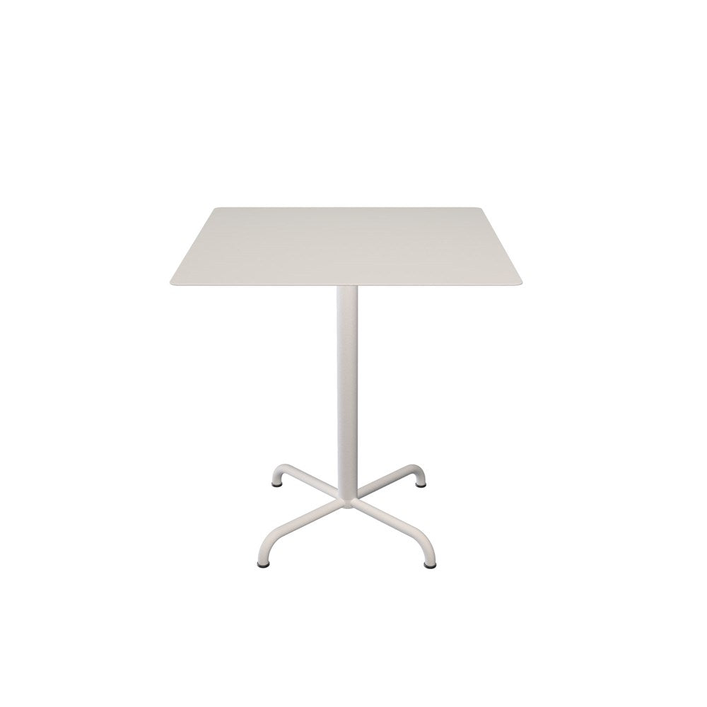 White square table on a single leg base.