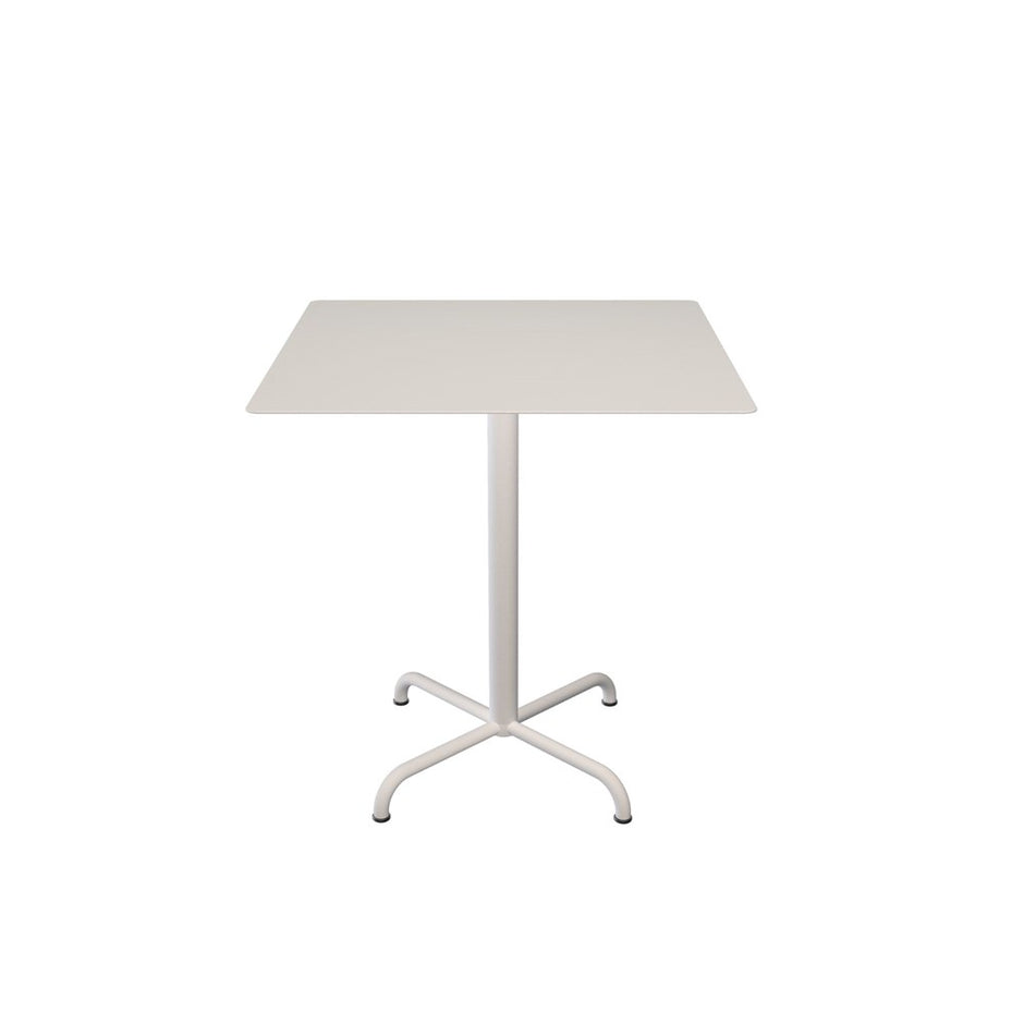 White square table on a single leg base.