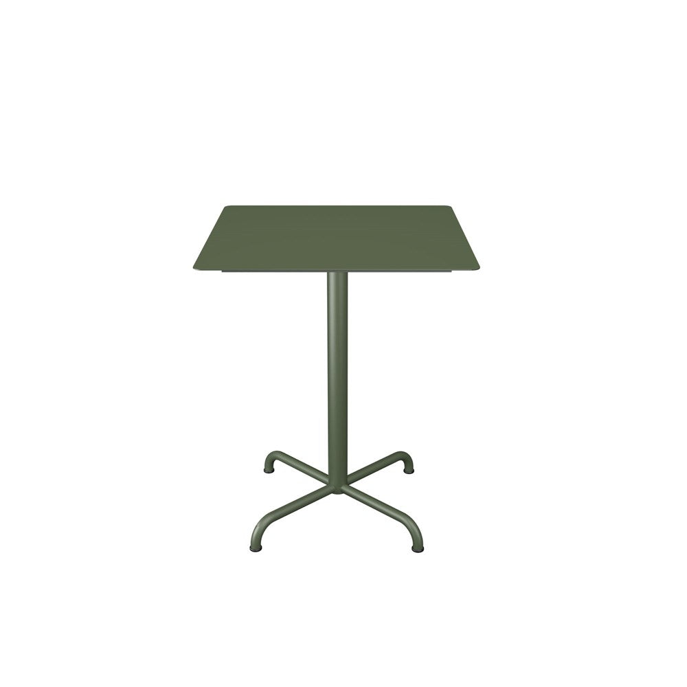 Green square table with a pedestal base.
