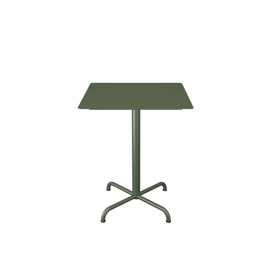 Green square table with a pedestal base.