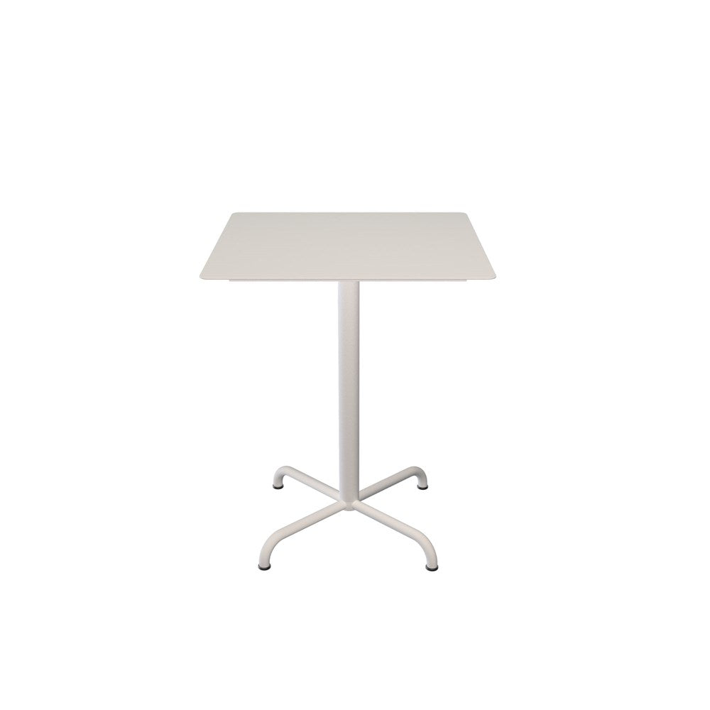 White square table on a pedestal base.
