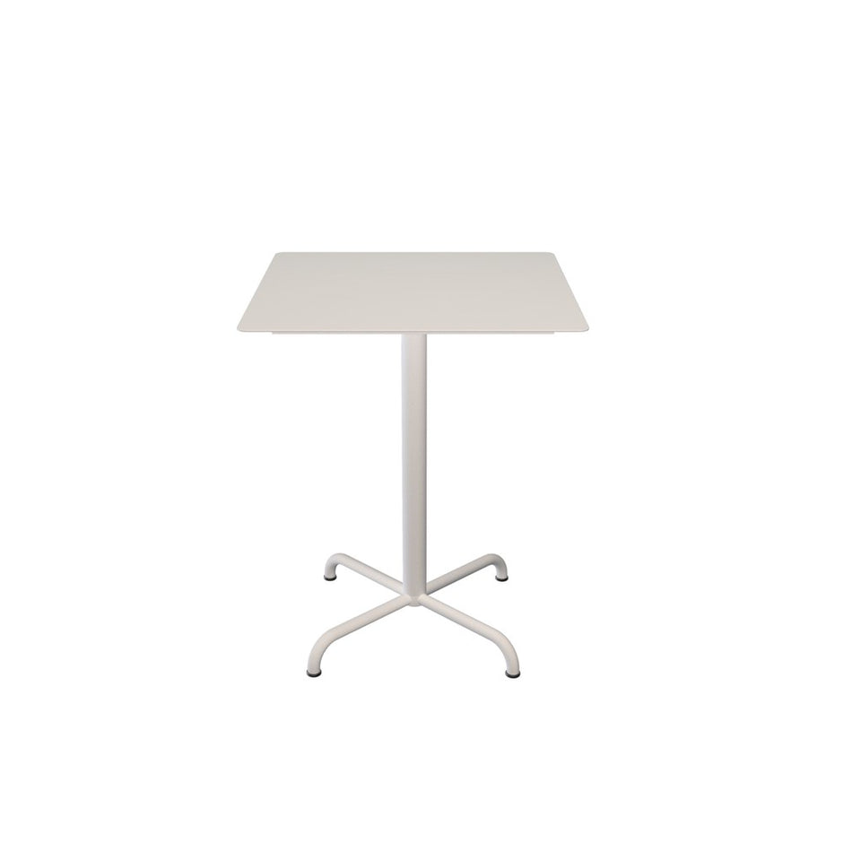 White square table on a pedestal base.