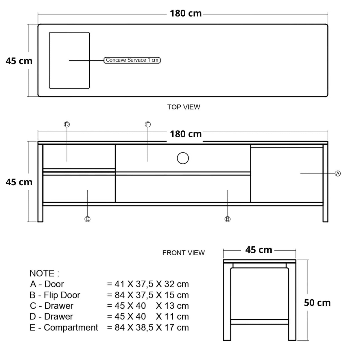 Diagram of a cabinet with dimensions.
