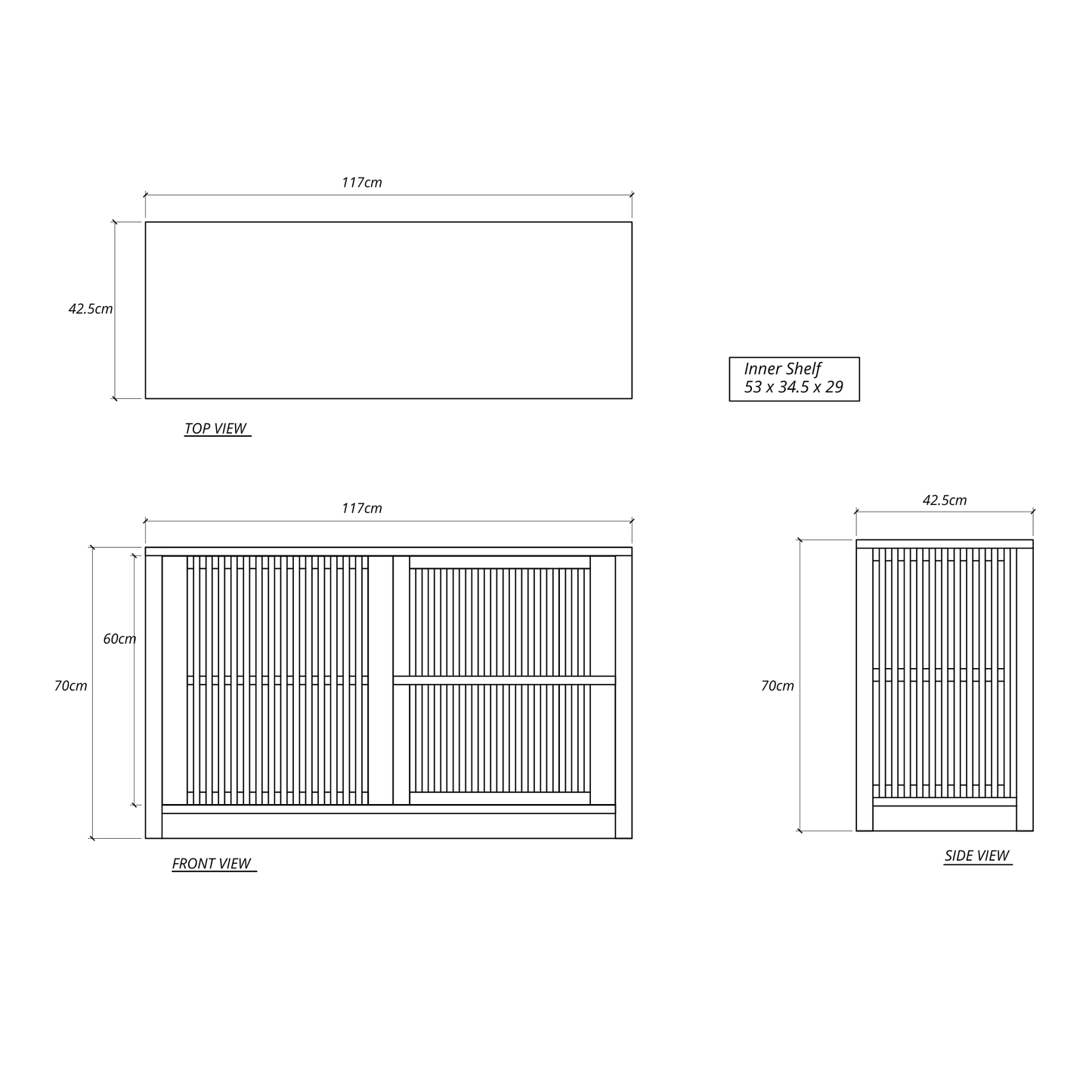 Diagram of a cabinet with dimensions.
