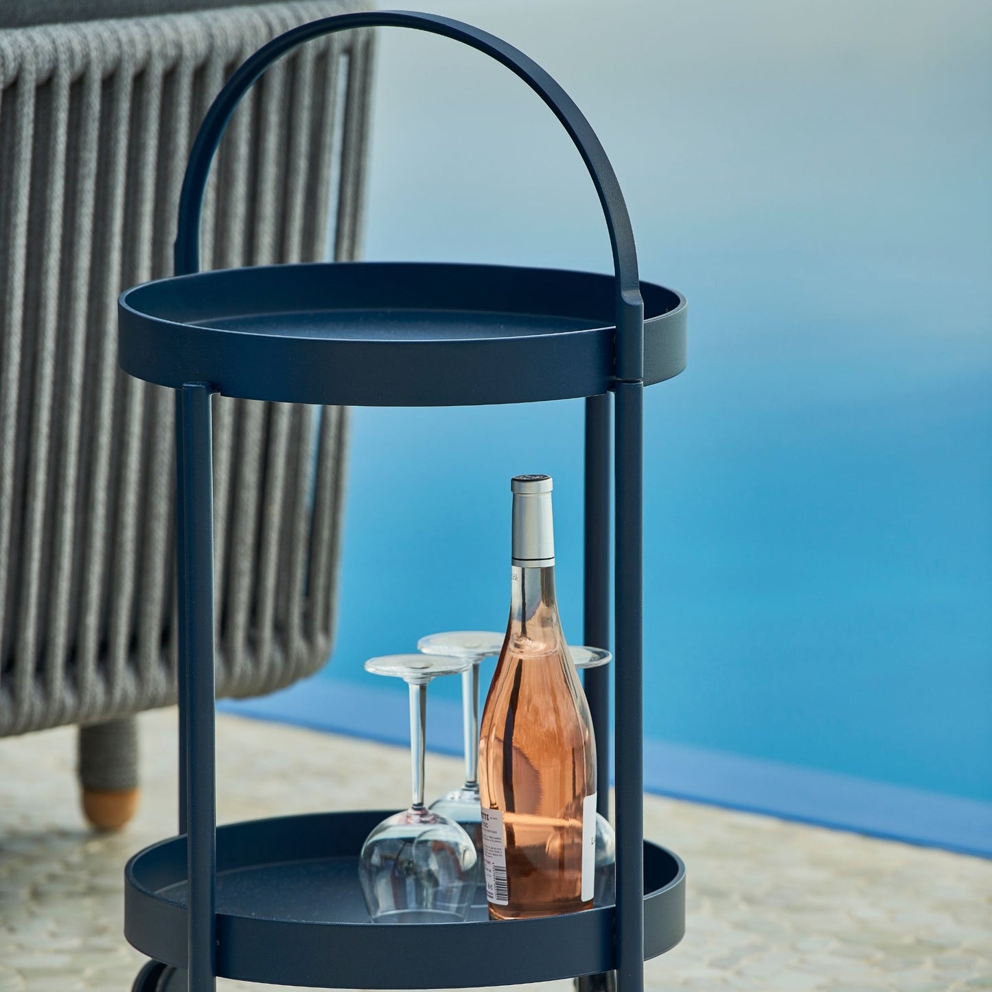 Blue outdoor bar cart 5002AB_3 with wine & glasses