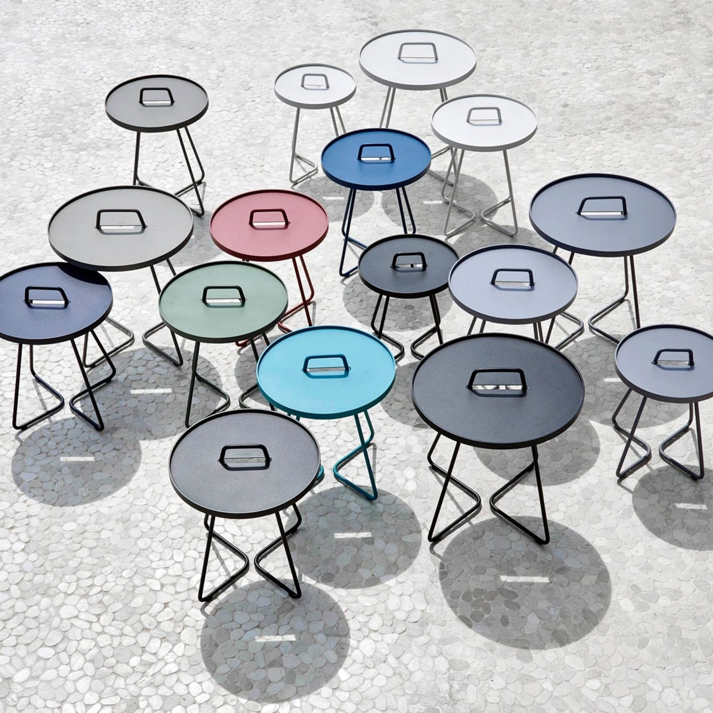 Colorful round side tables with handle