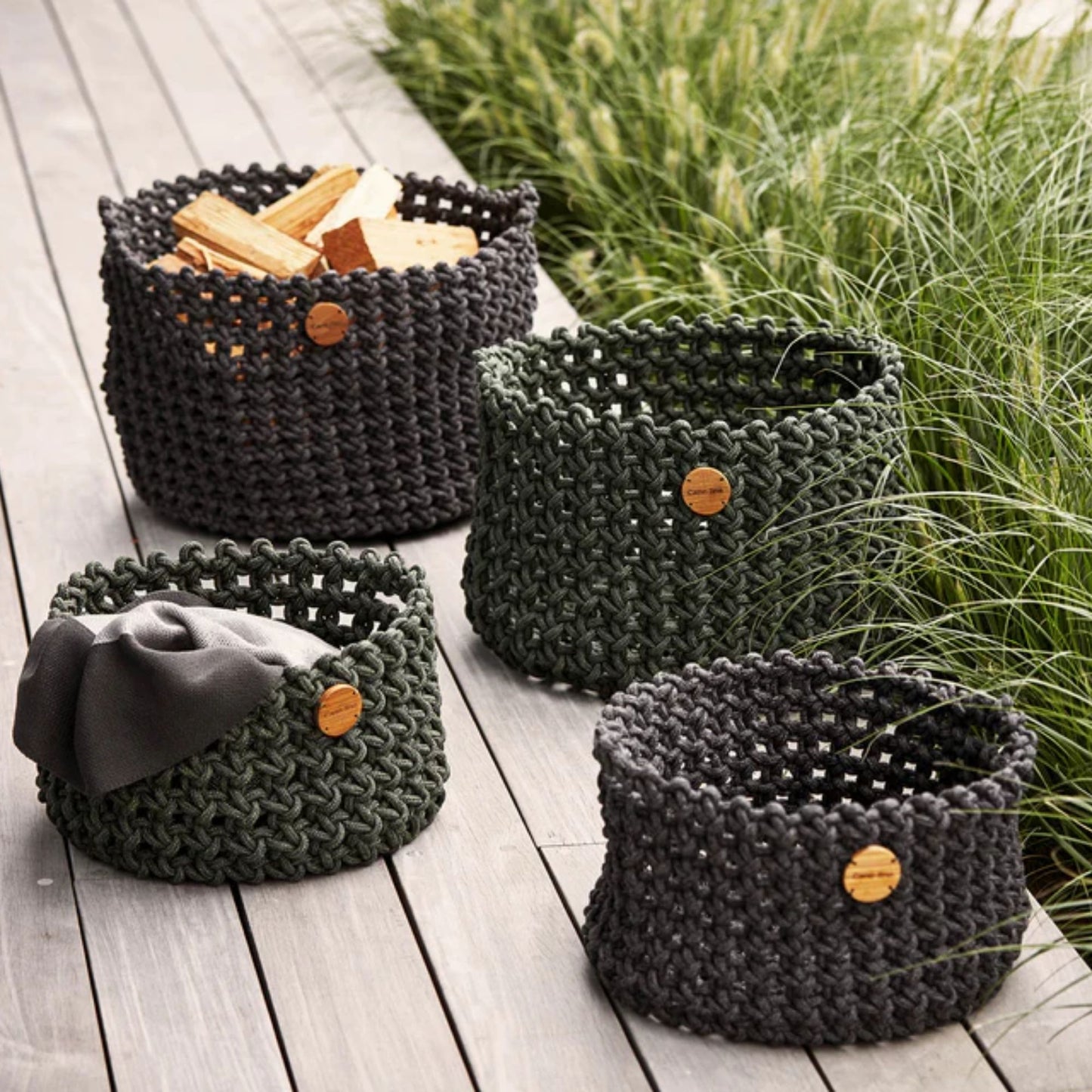 Set of 4 dark gray woven storage baskets