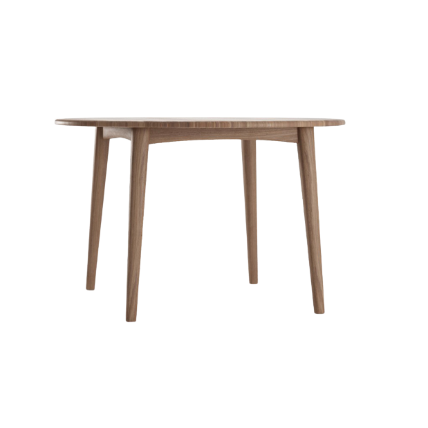 Wooden round table with four legs.