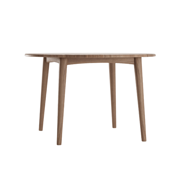 Wooden round table with four legs.