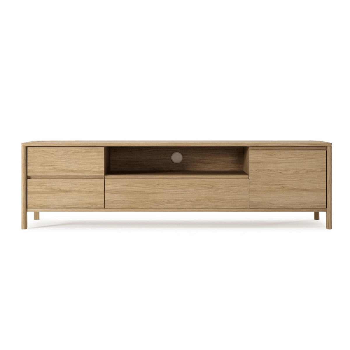 Wooden TV stand with drawers and open shelf.