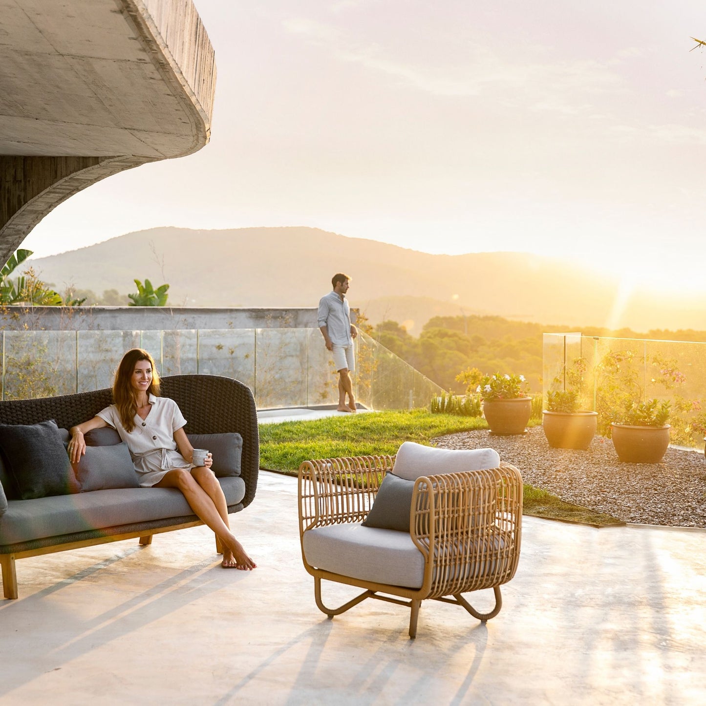 Outdoor seating set overlooking mountain view