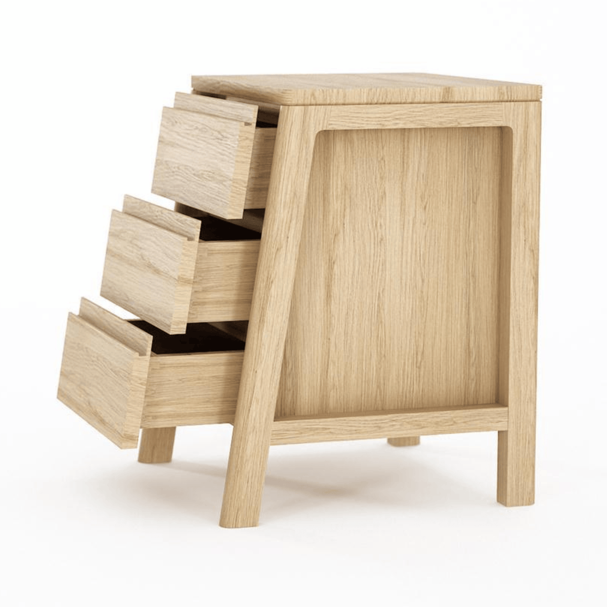 Wooden nightstand with three open drawers.