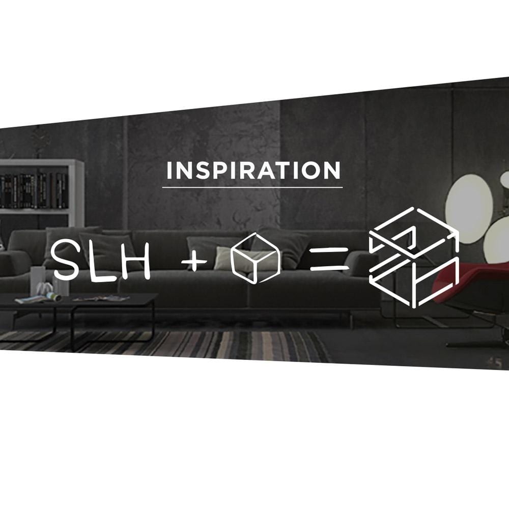Interior design scene with text and geometric shapes.