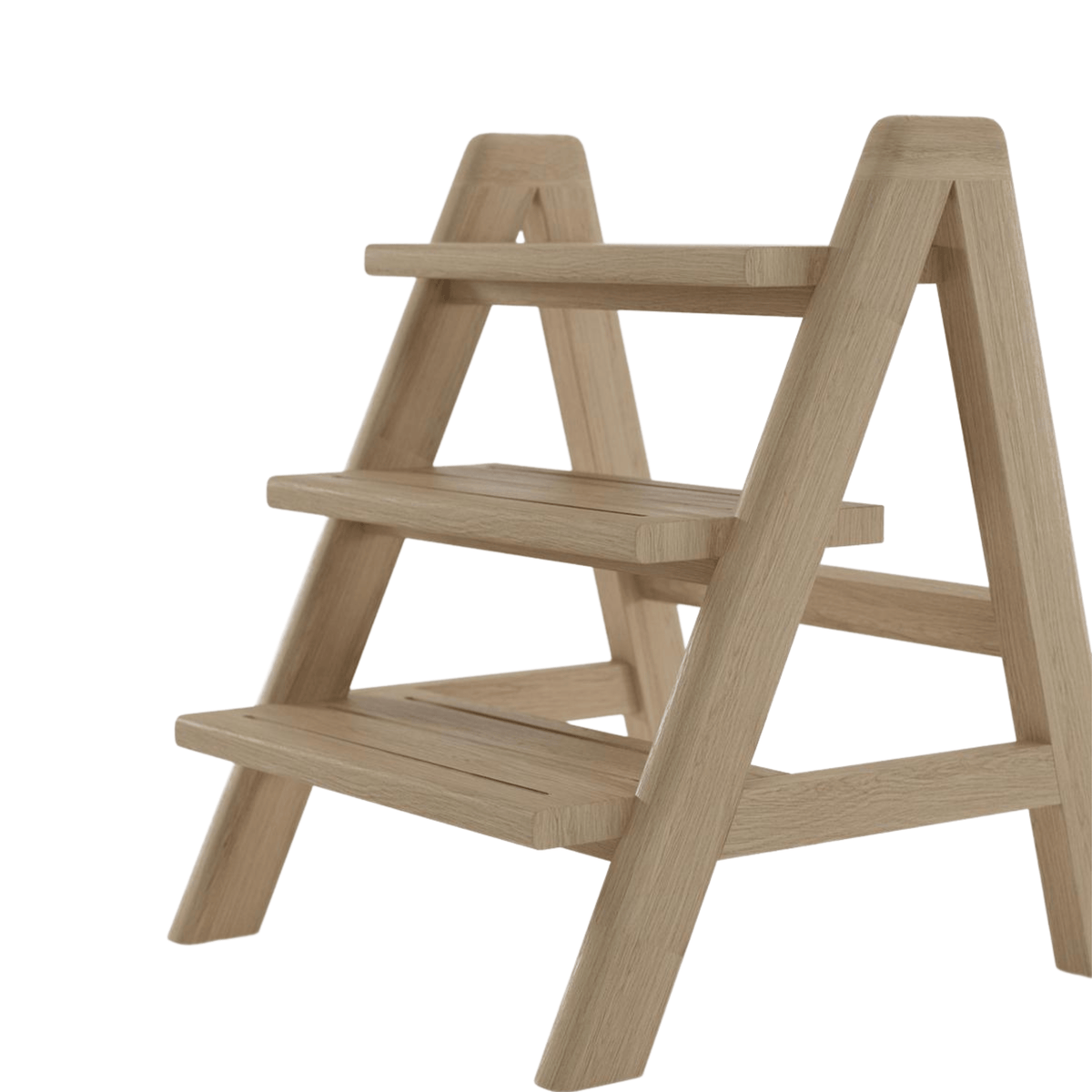 Wooden three-step ladder shelf.