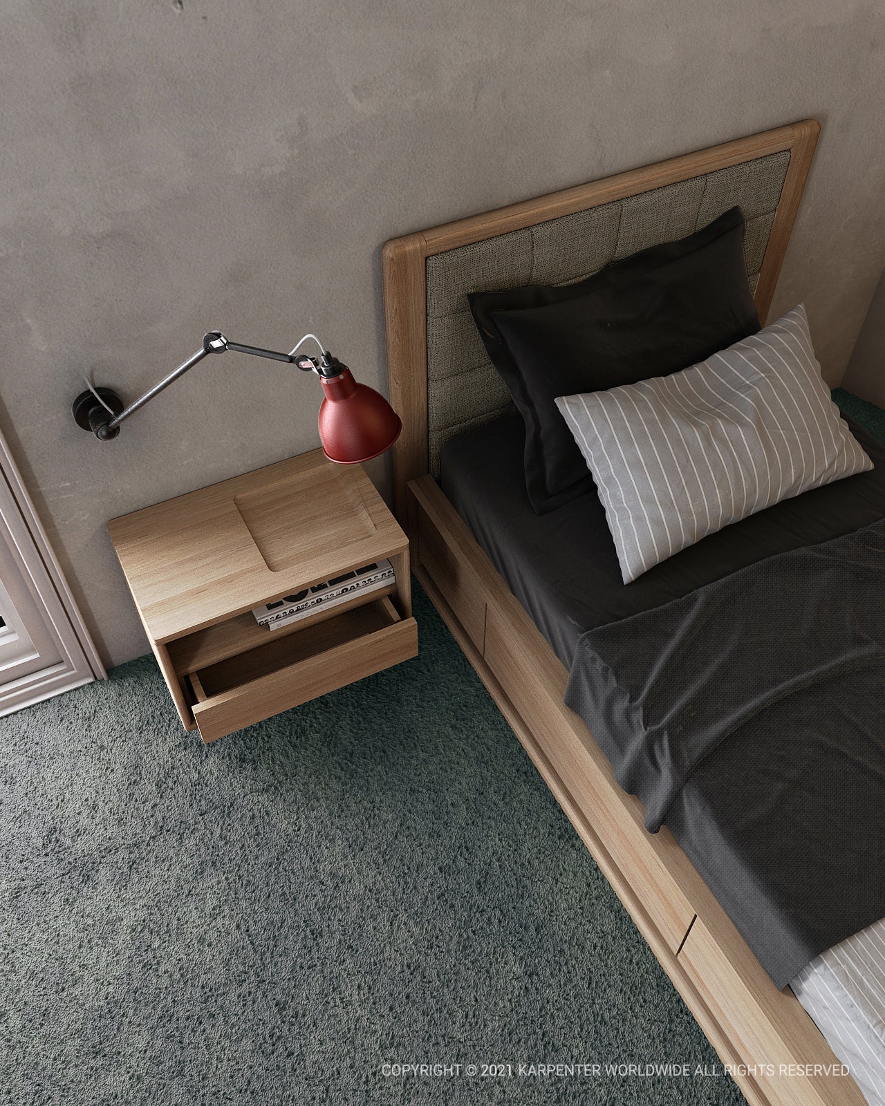 Single bed with hanging bedside table and red lamp