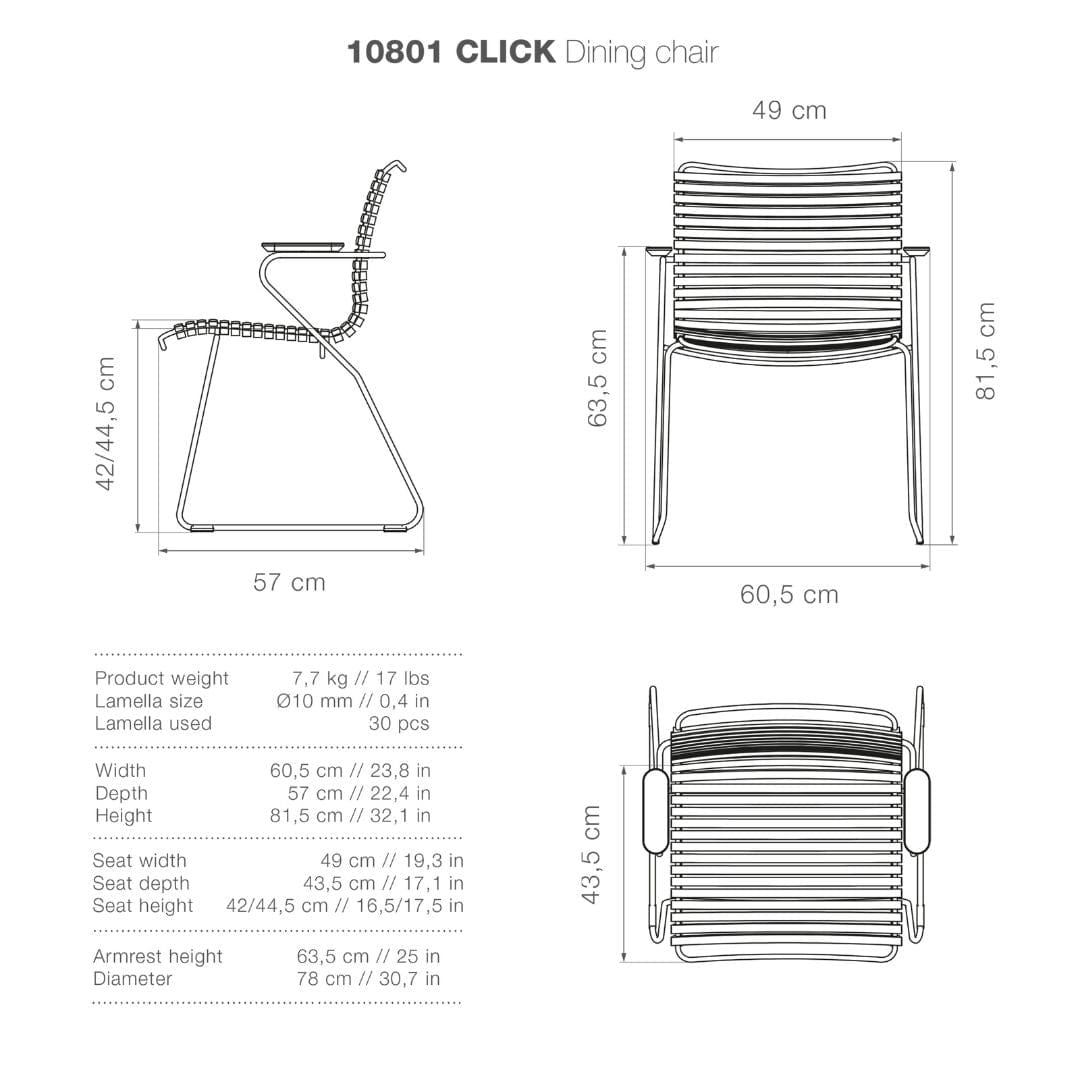 CLICK Dining chair with arms - dimensions and specifications