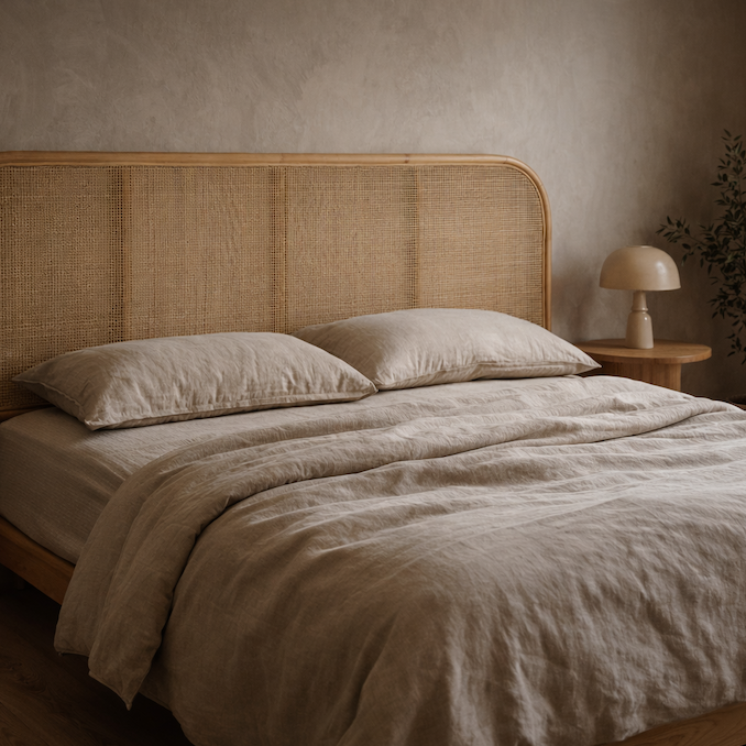 Beige bed with wicker headboard and matching bedding in a warm-toned room.