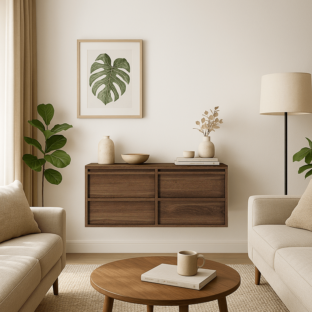 Modern living room with floating cabinet and monstera print