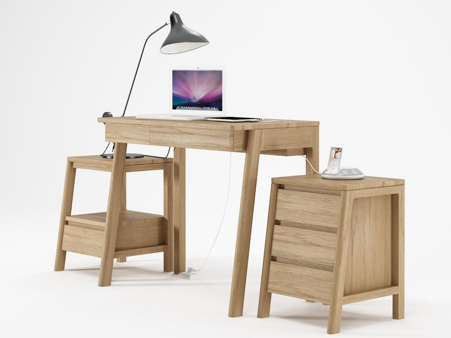 Circa desk setup with lamp, computer, and nightstand