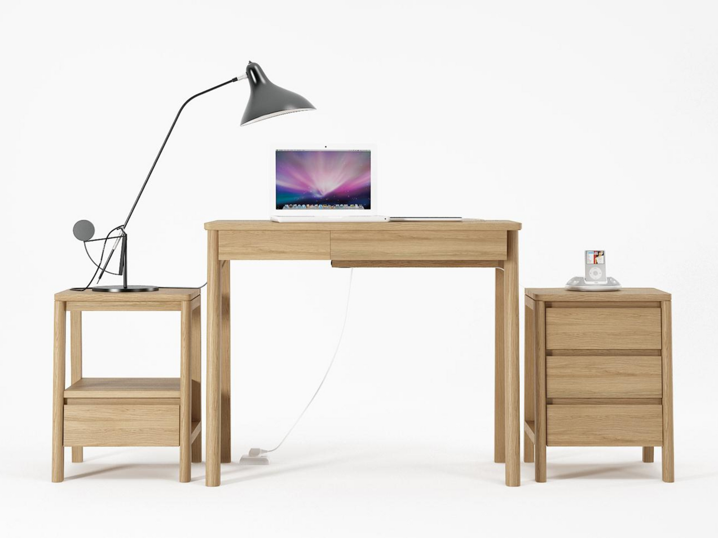 Circa desk setup with laptop, lamp, and side tables