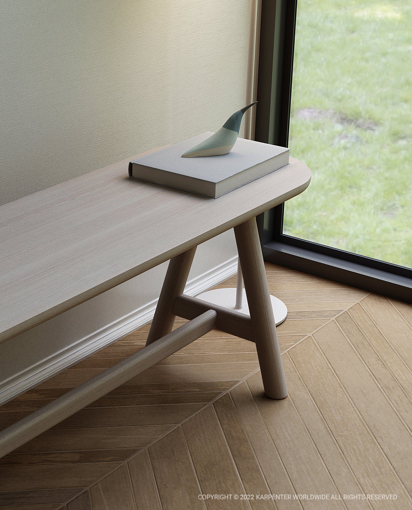 Curbus Bench in natural wood with book and bird decor