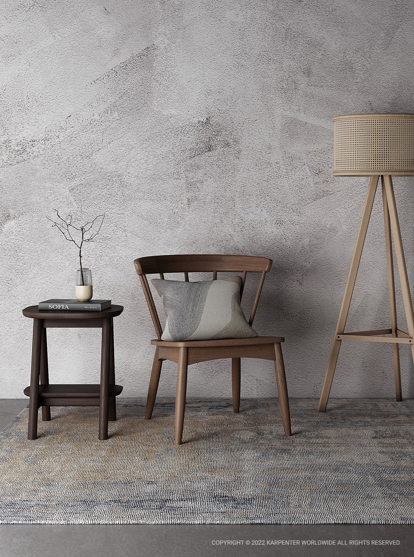 Curbus Side Table, White Ash Ebony, with chair, lamp, and decor