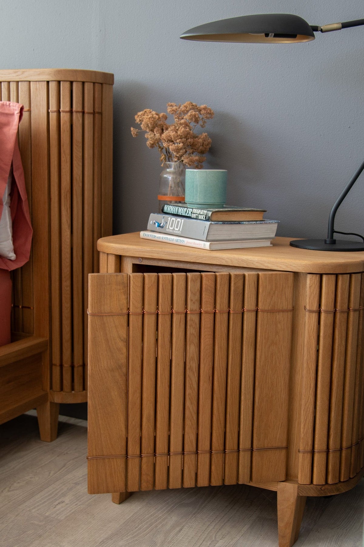 Wooden bedside table with lamp and decor - DSC_2219