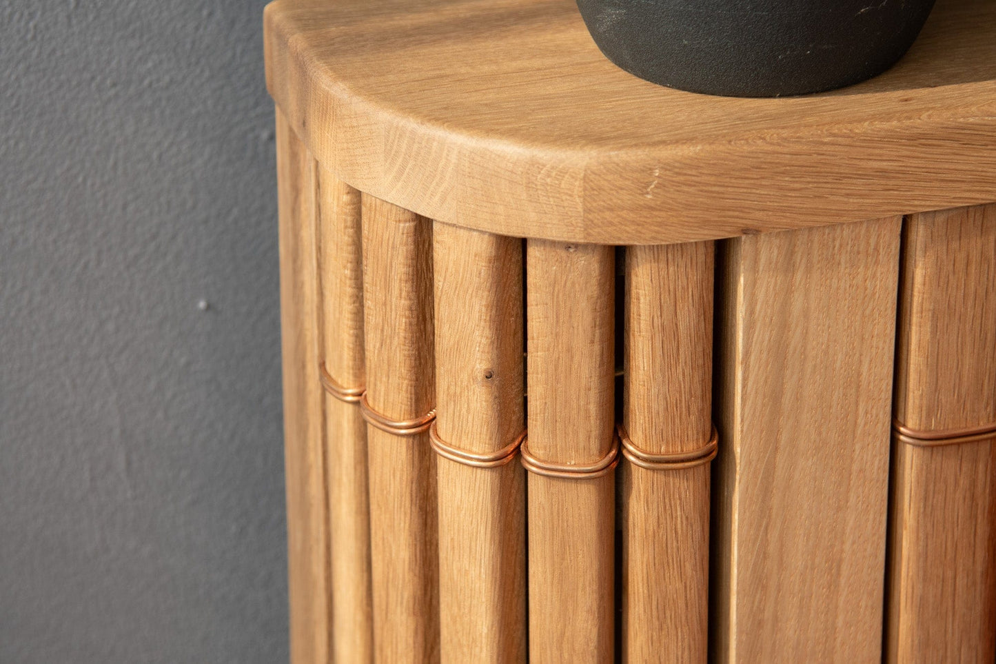 Wooden side table, DSC_2286, with bamboo-like design.