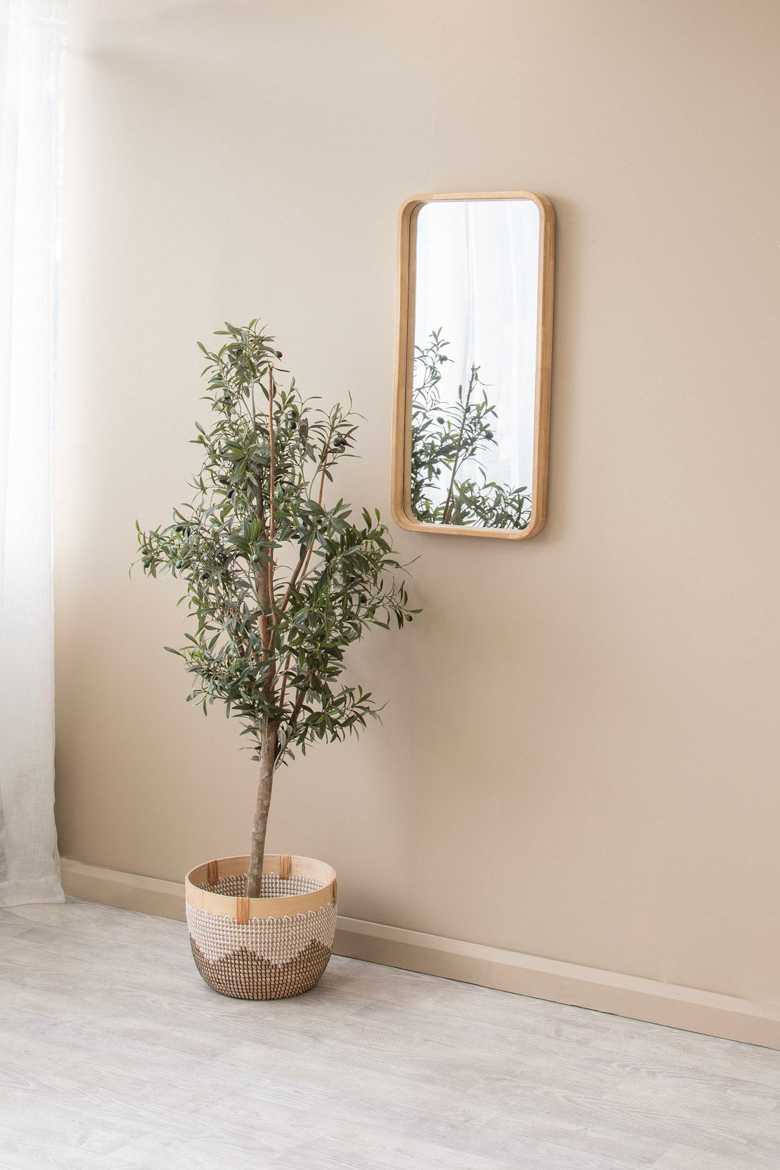 Olive tree in basket next to a mirror on a beige wall