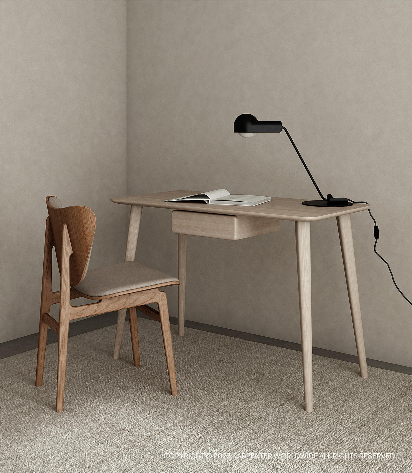 Domani Desk White Ash Natural with Chair and Lamp