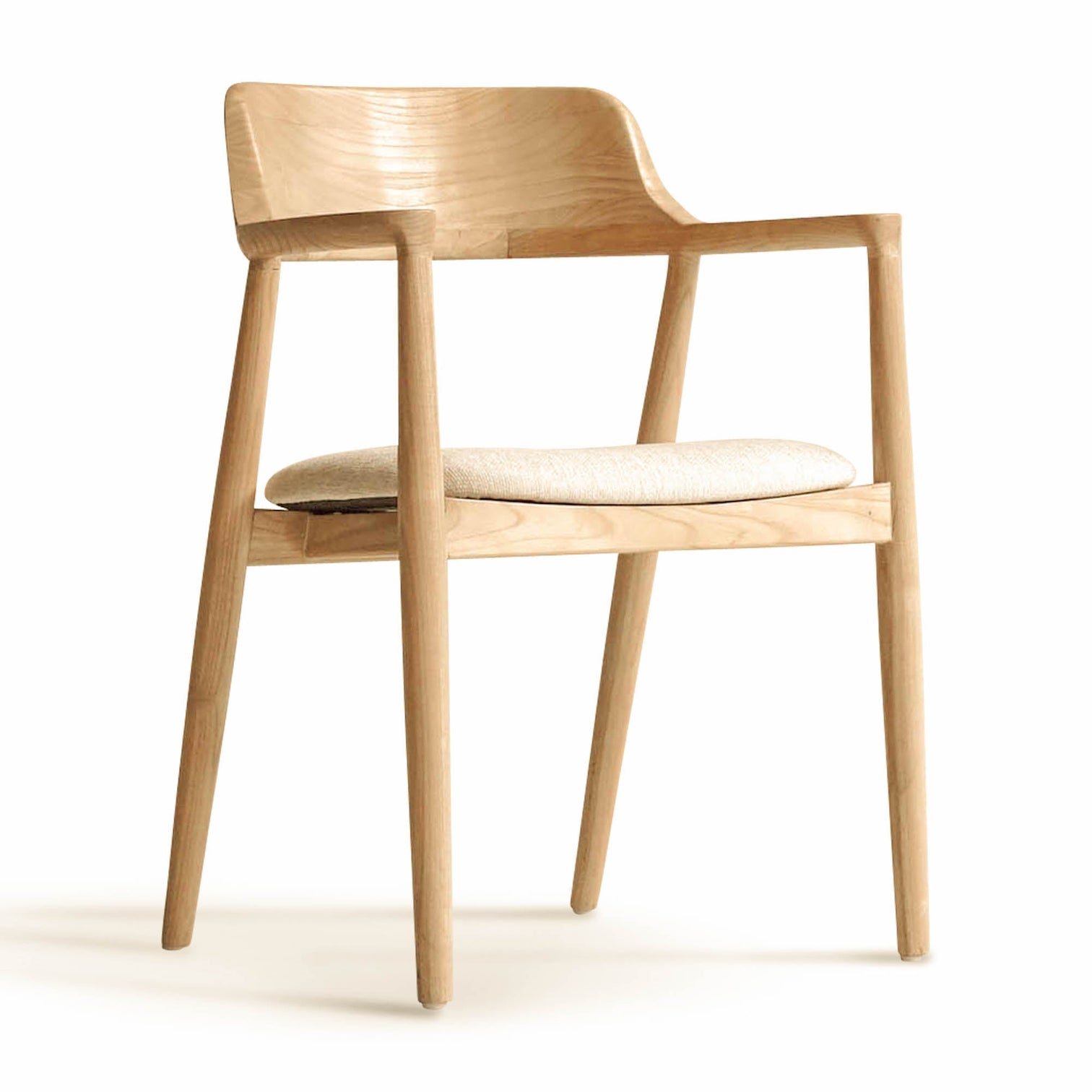 Wooden chair with a white cushion on a white background
