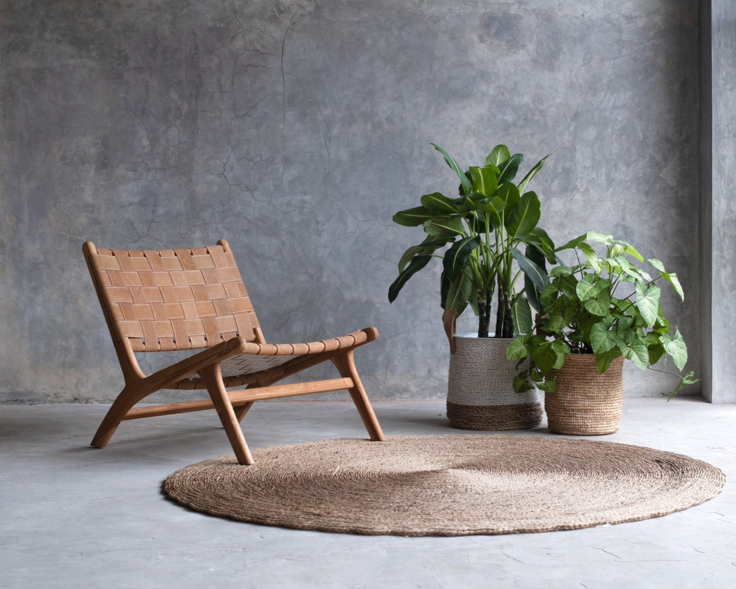 Woven chair, plants, and round rug in room.