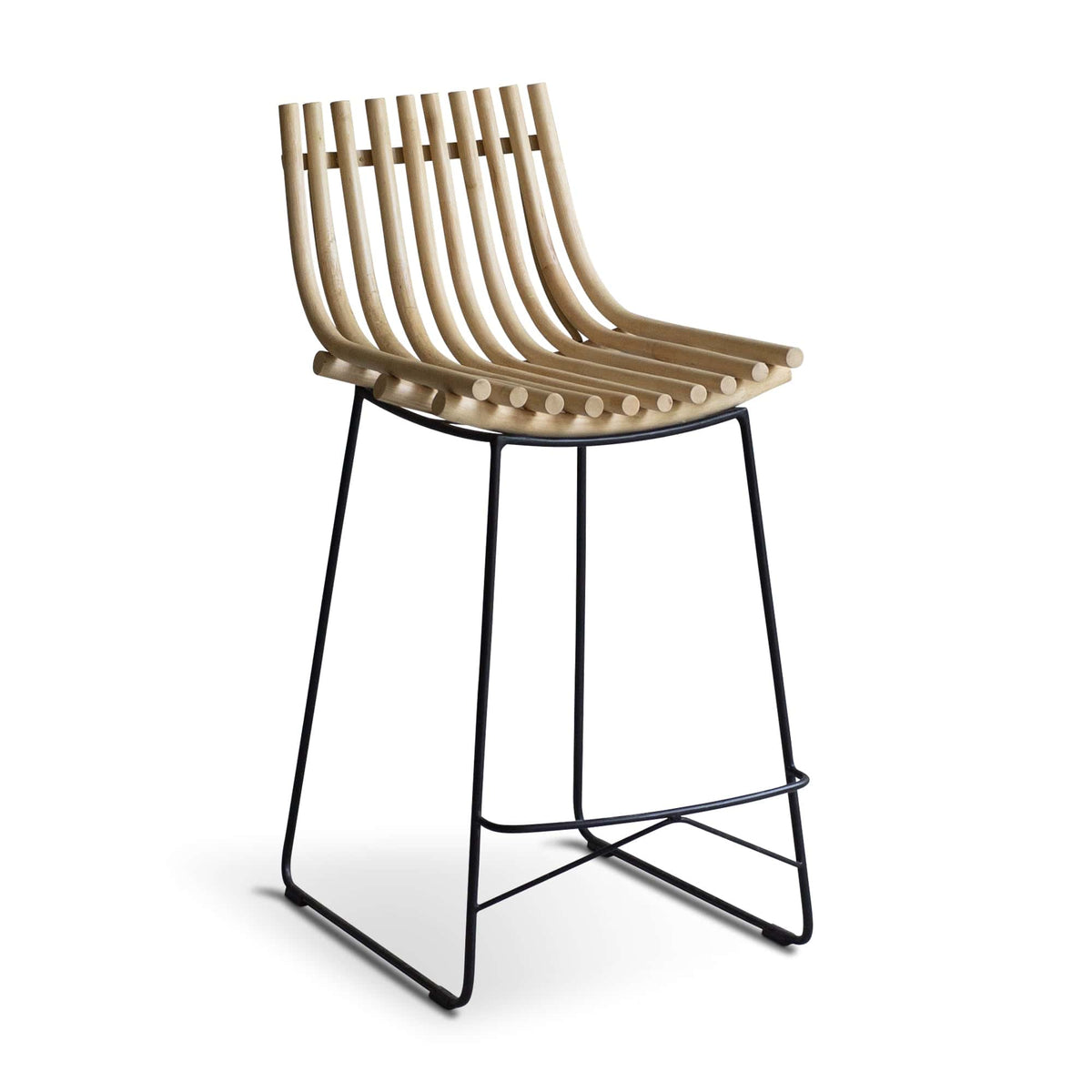 Wooden slat bar stool with black metal legs