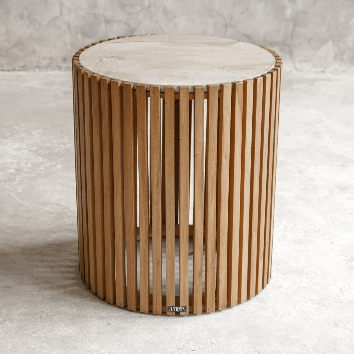 Wooden slat side table with marble top