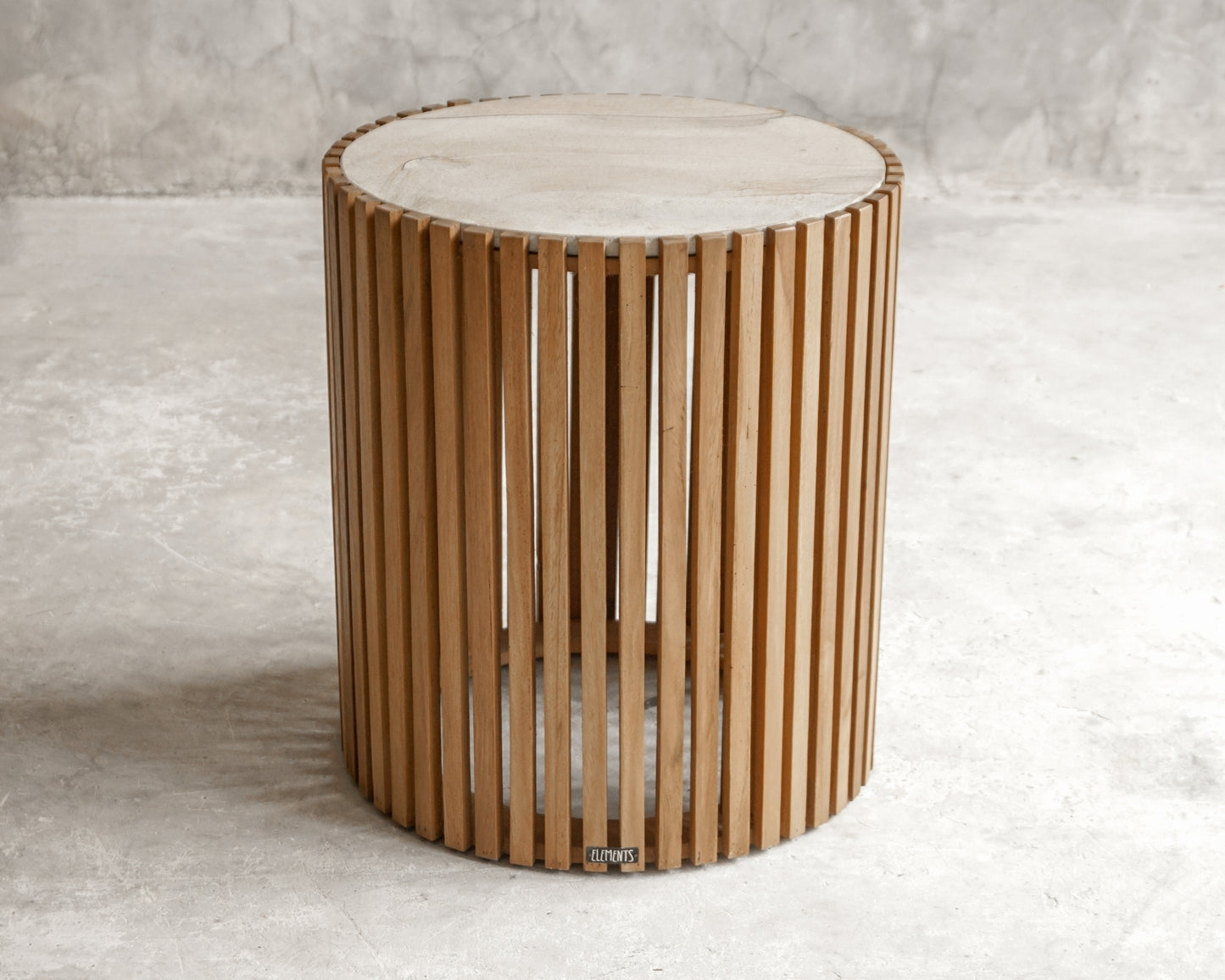 Wooden slat side table with marble top