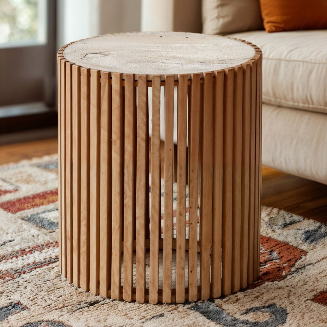 Wooden slat side table on rug