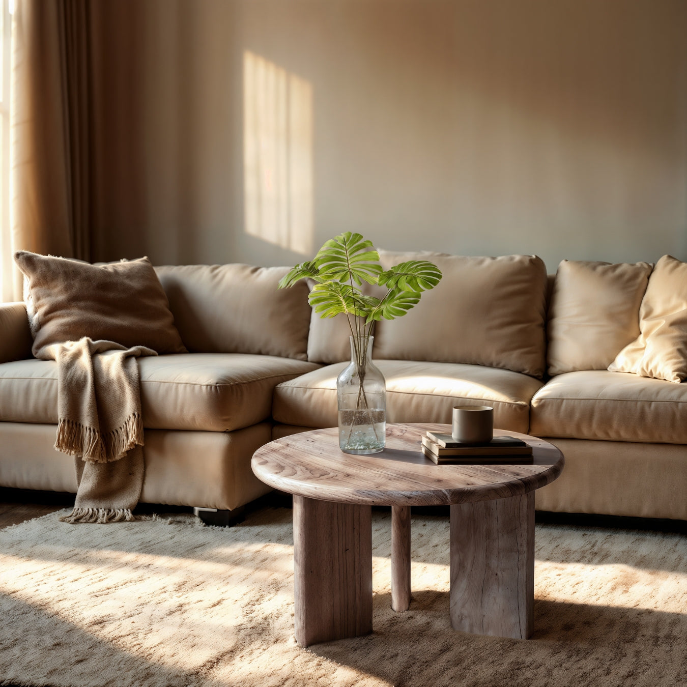Cozy living room with beige sofa and wooden coffee table