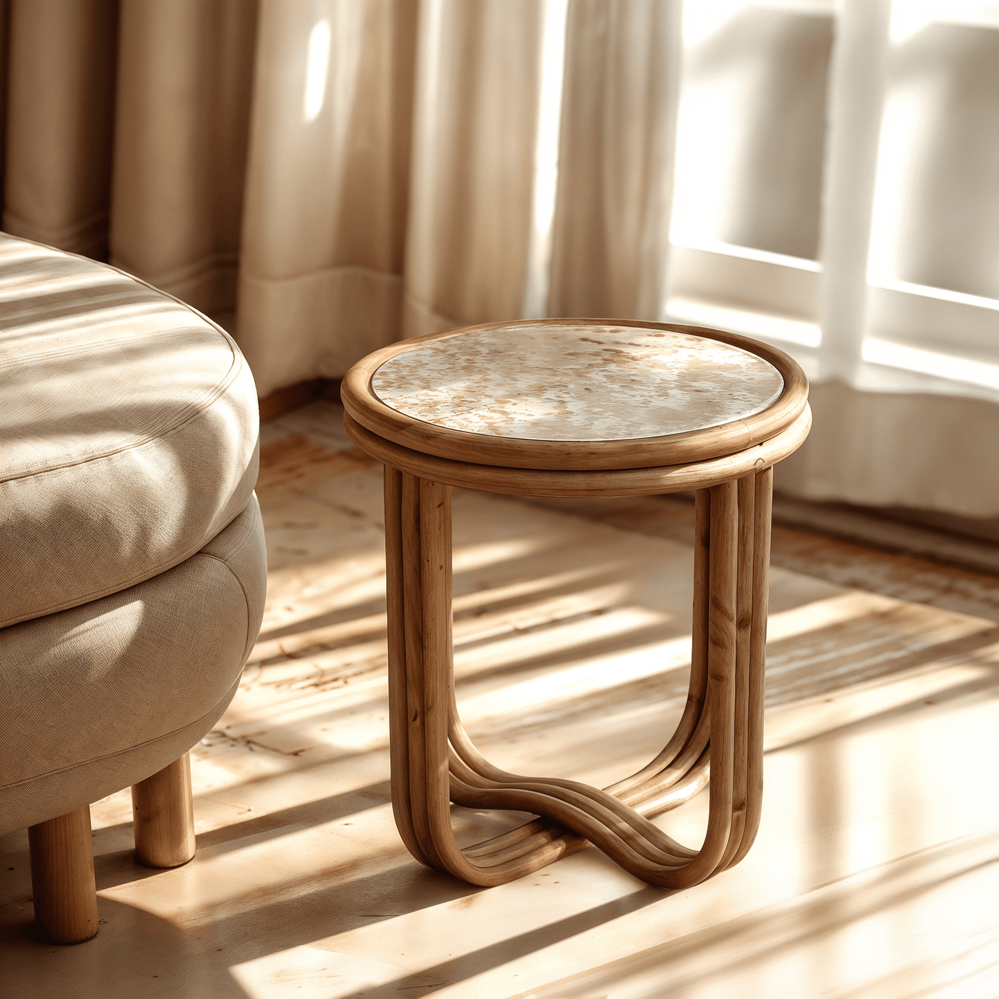 Rattan side table with marble top