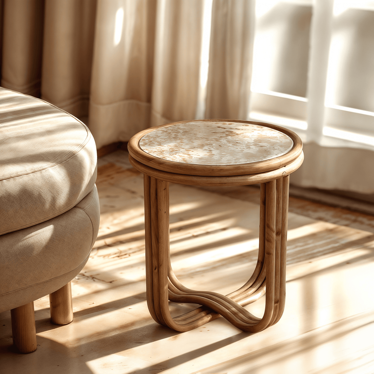 Rattan side table with marble top
