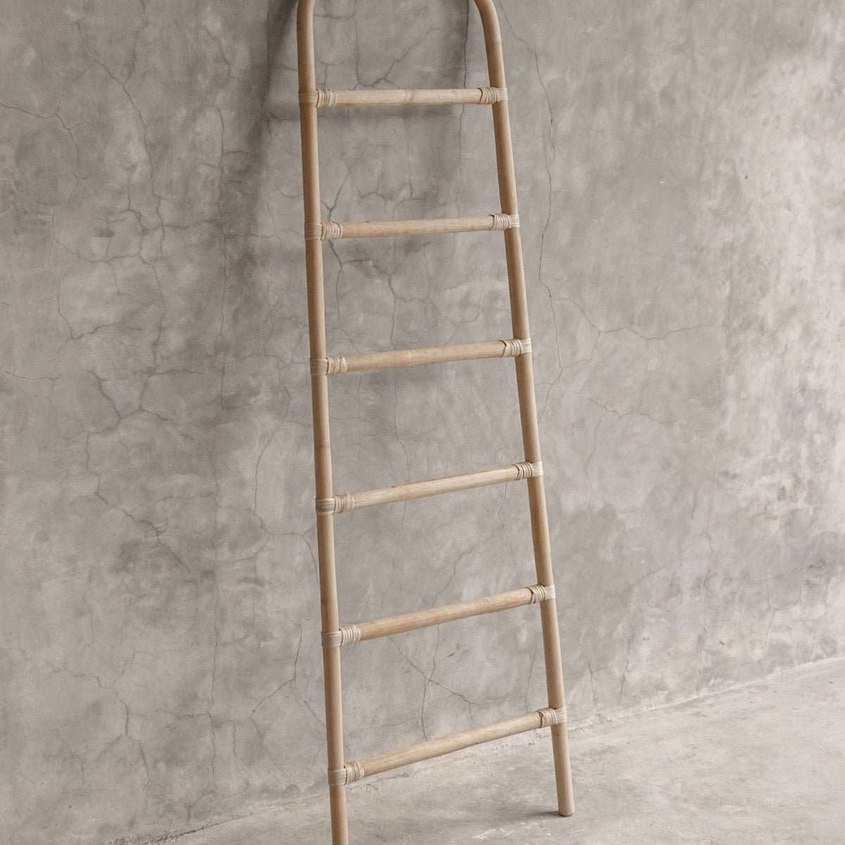 Decorative bamboo ladder leaning against a concrete wall (ELE127_1)
