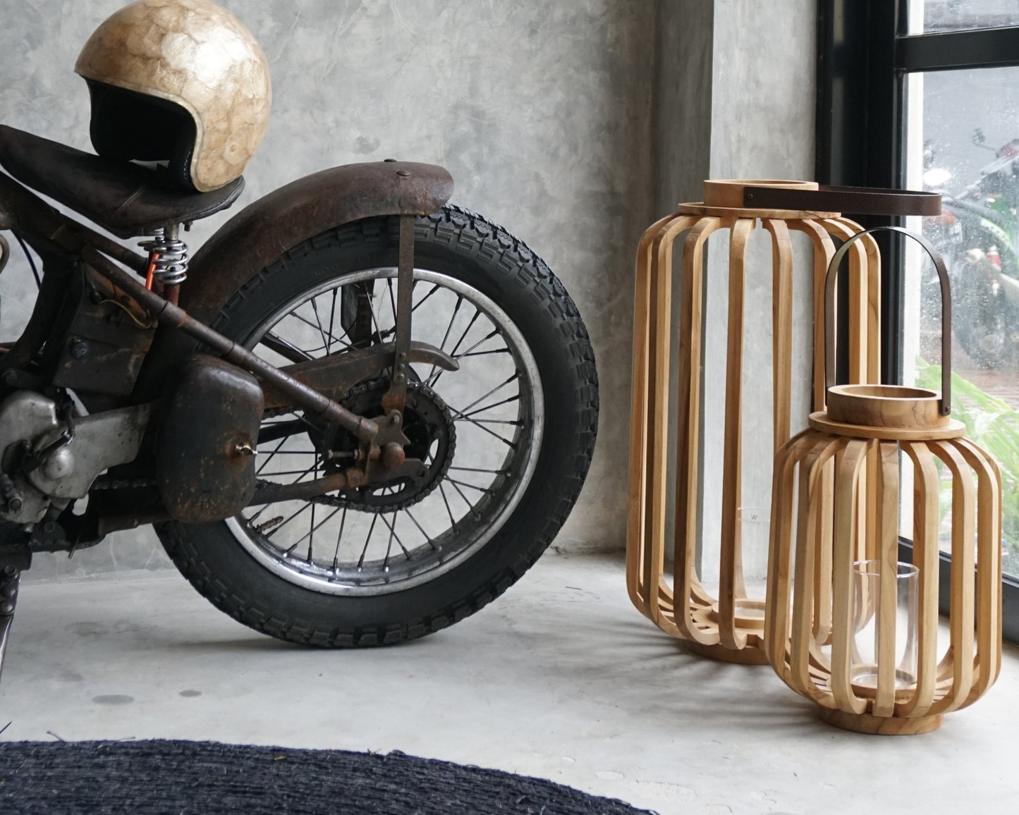 Motorcycle and wooden lanterns