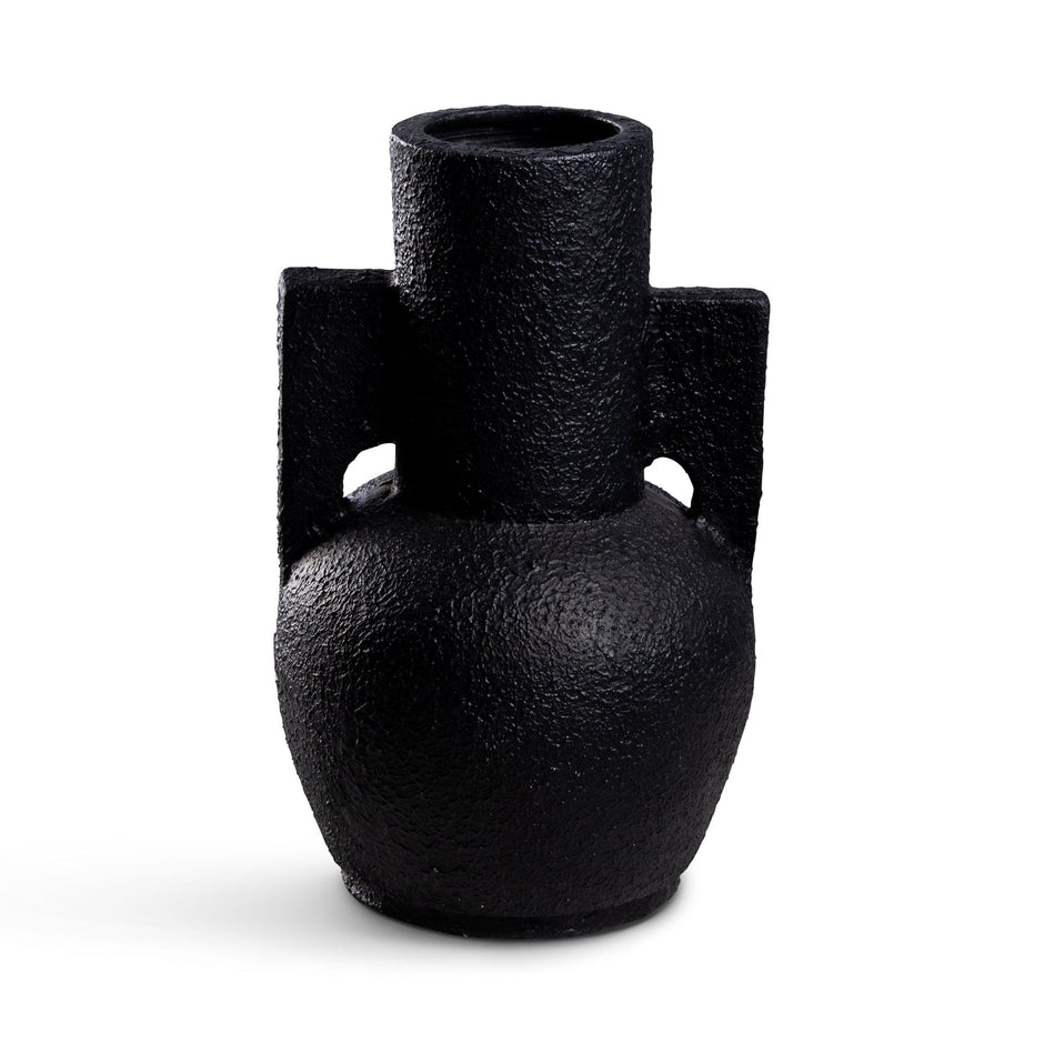 Black textured vase with handles