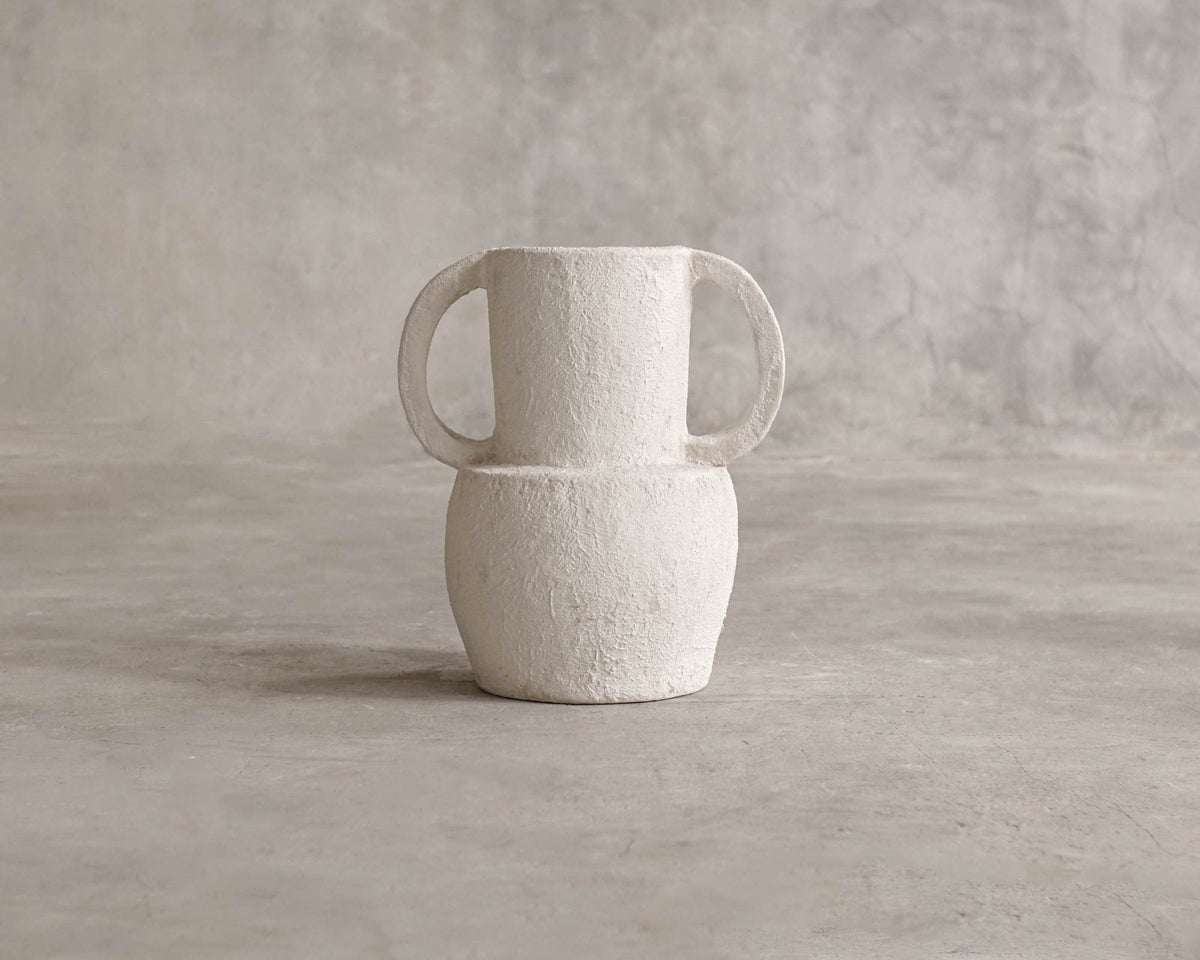ELE137 white handled vase on gray background