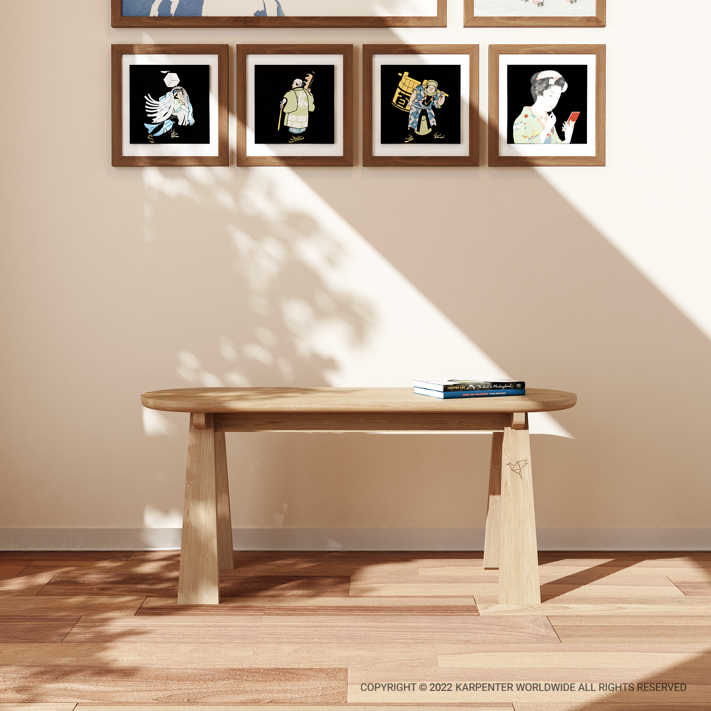 Wooden bench with artwork on the wall