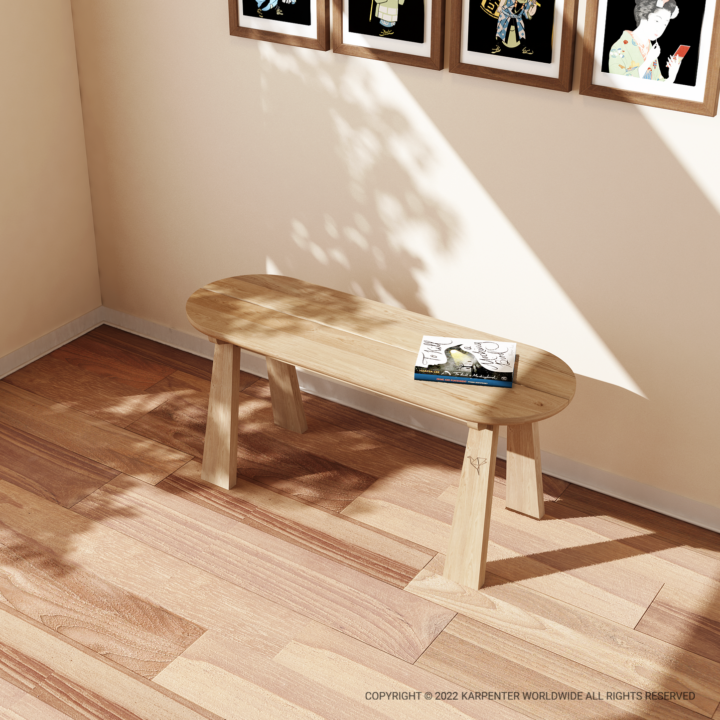 Wooden bench with magazine, art on wall.