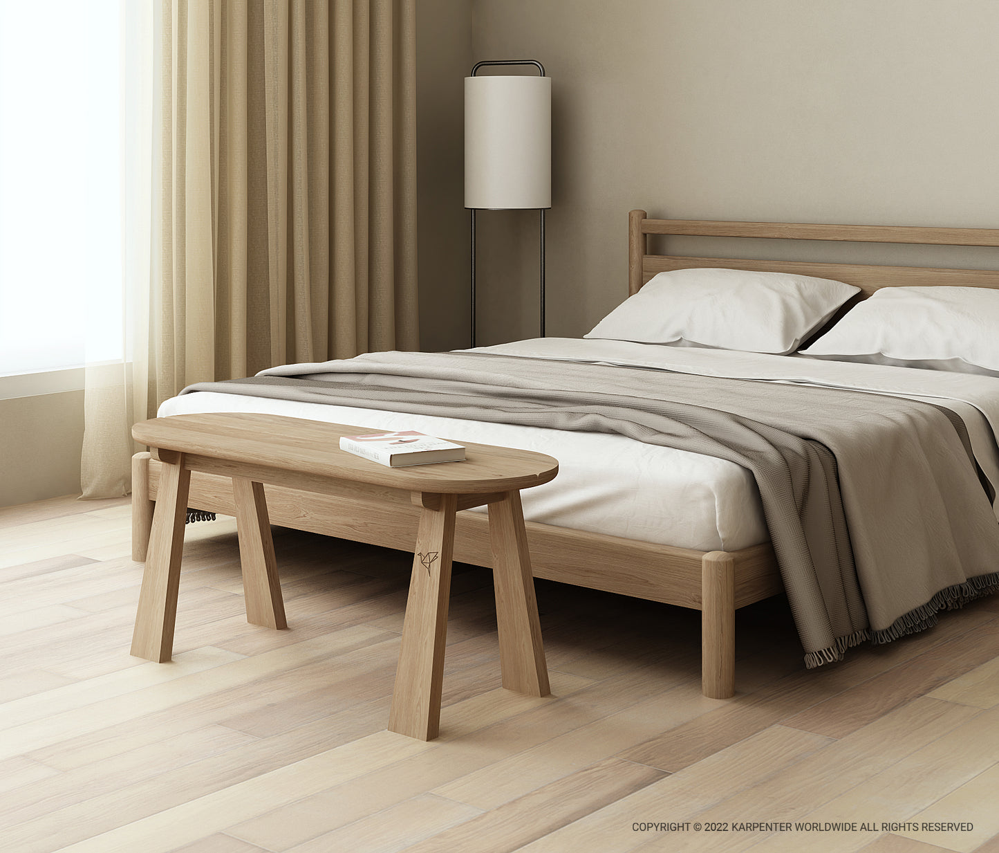 East Bench with Taku Bed in a modern bedroom.