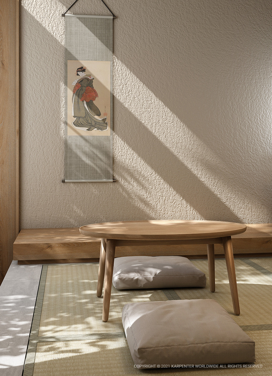 East coffee table in Japanese-inspired room with art.