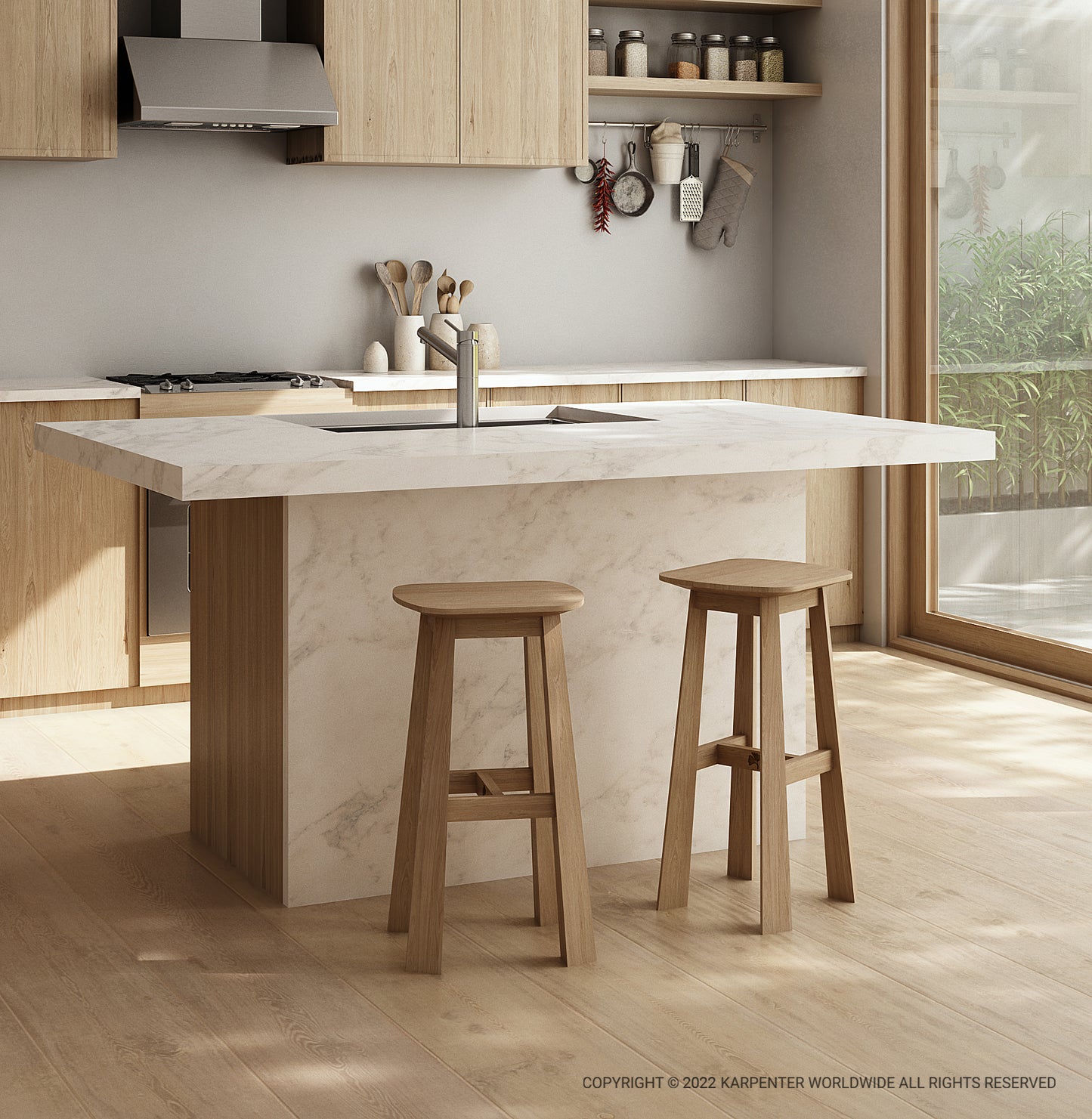 East Rectangular Counter Stool in kitchen with marble island