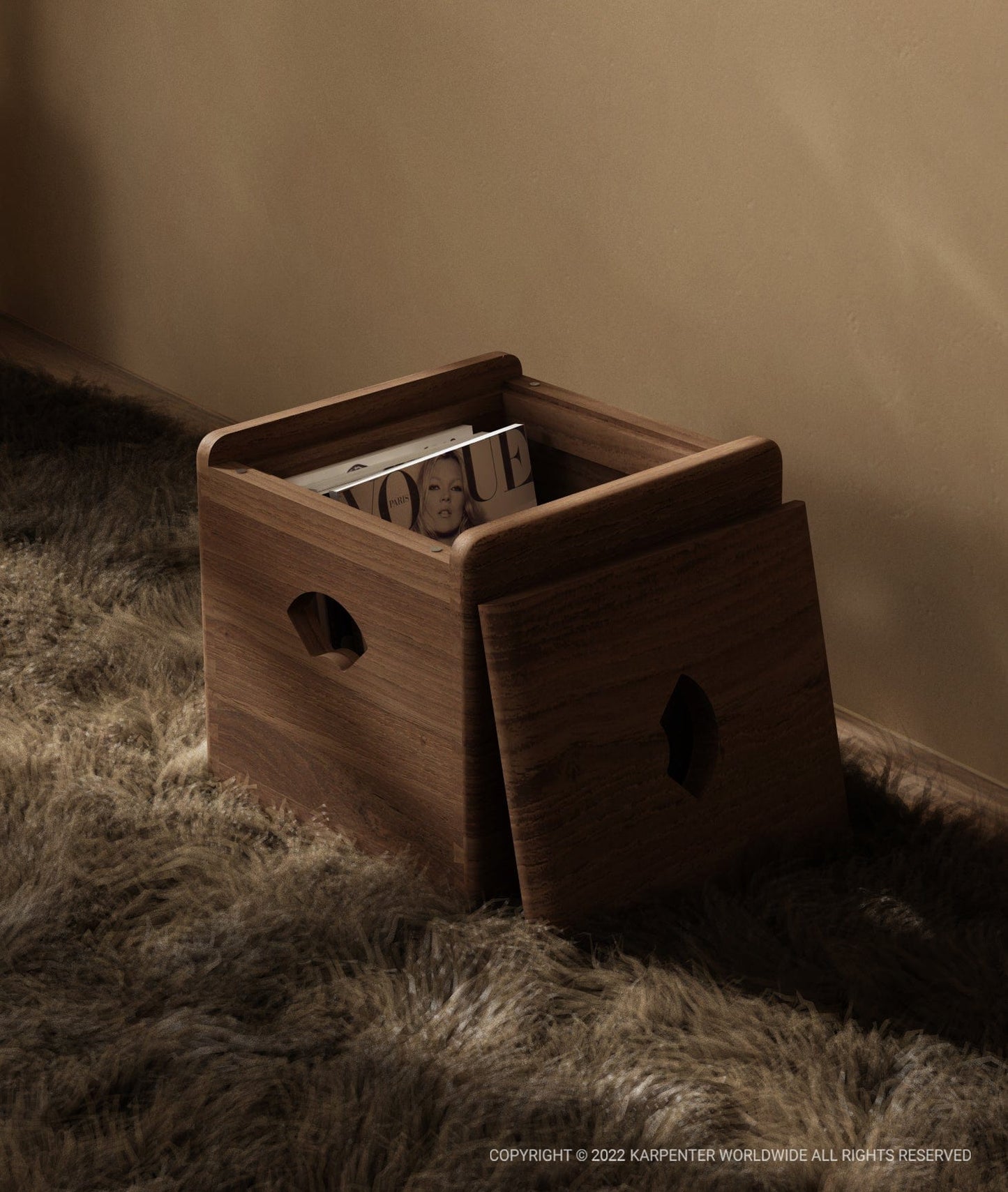 EastStoolBox wooden stool with open lid and magazine