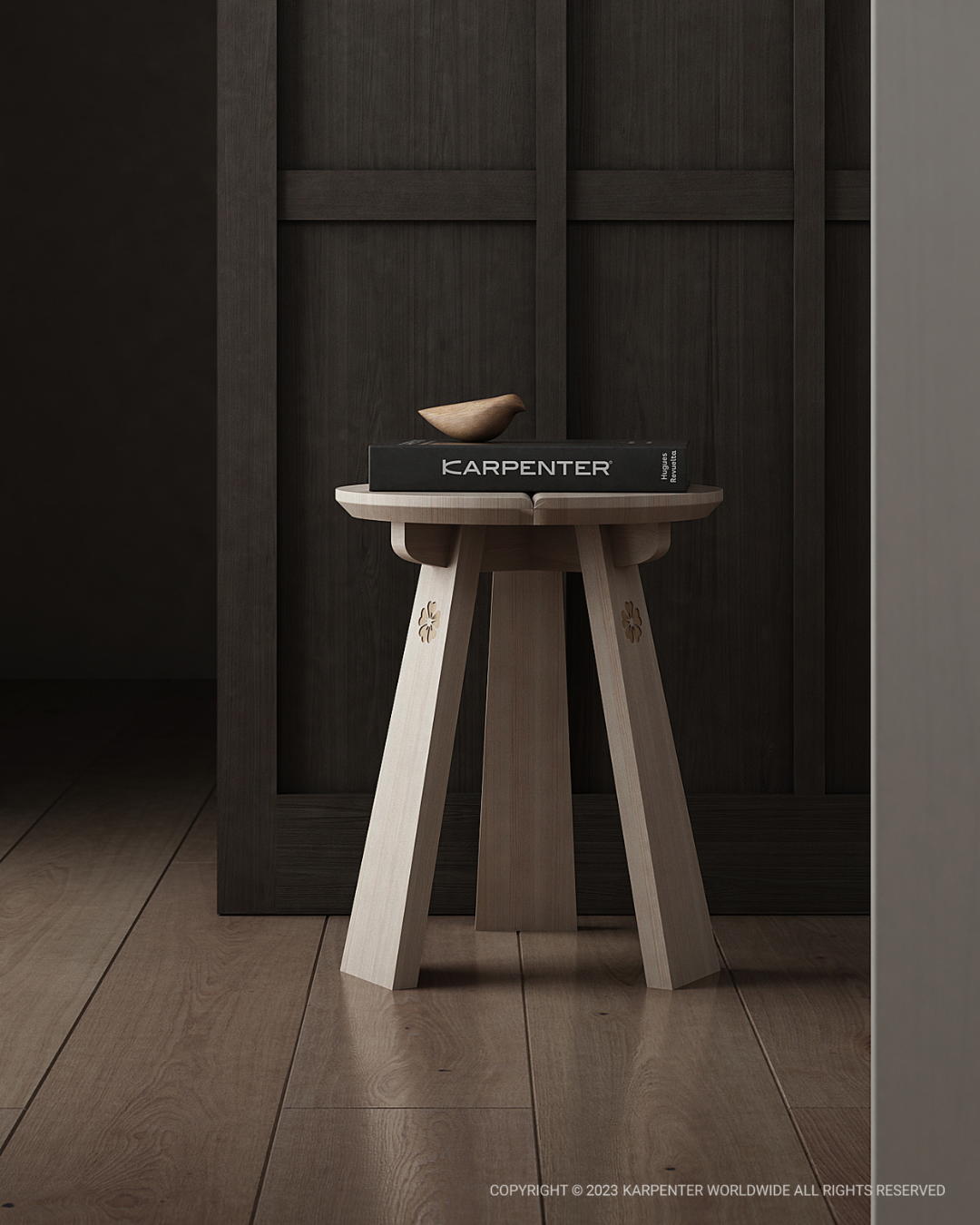 White ash stool with book and bowl